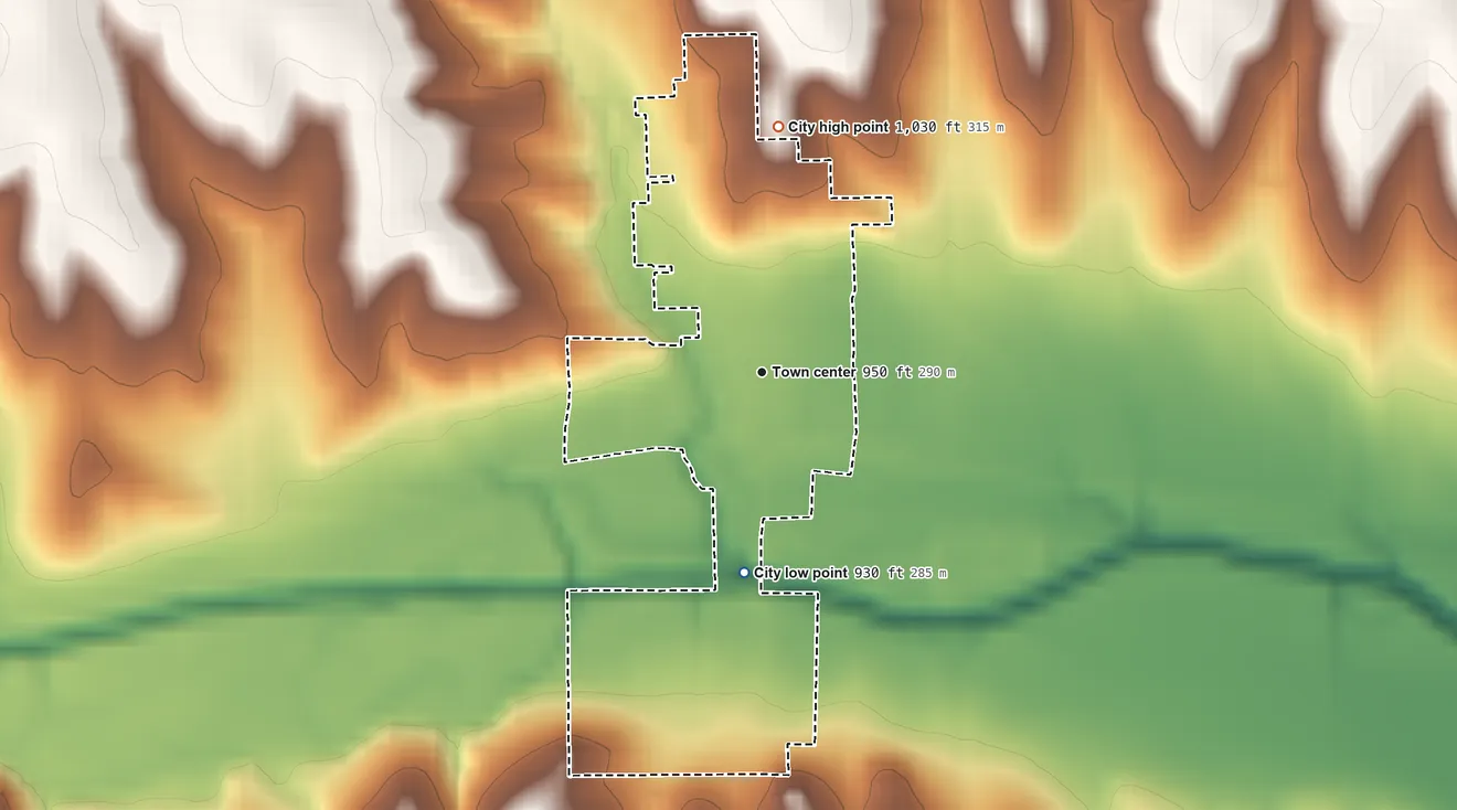 Topographic elevation map of Robinson, Kansas, shaded from 930 ft on the south side to 1,030 ft on the north side