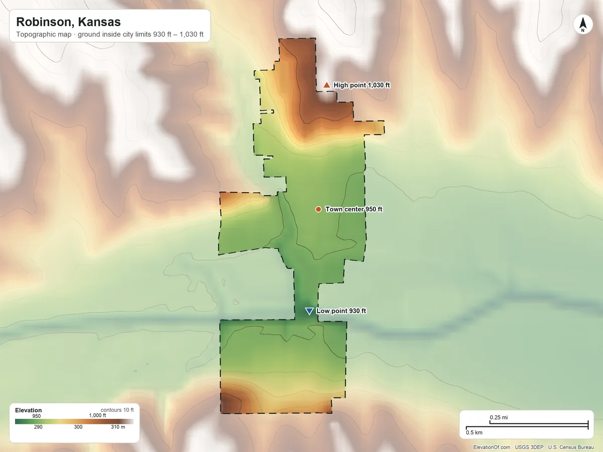Topographic elevation map of Robinson, Kansas, shaded from 930 ft on the south side to 1,030 ft on the north side