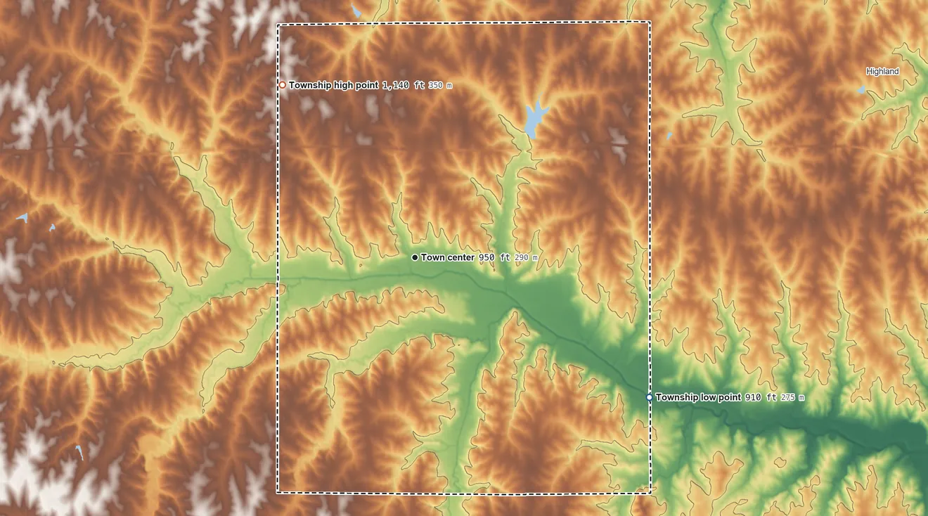 Topographic elevation map of Robinson Township, Kansas, shaded from 910 ft on the southeast side to 1,140 ft on the northwest side