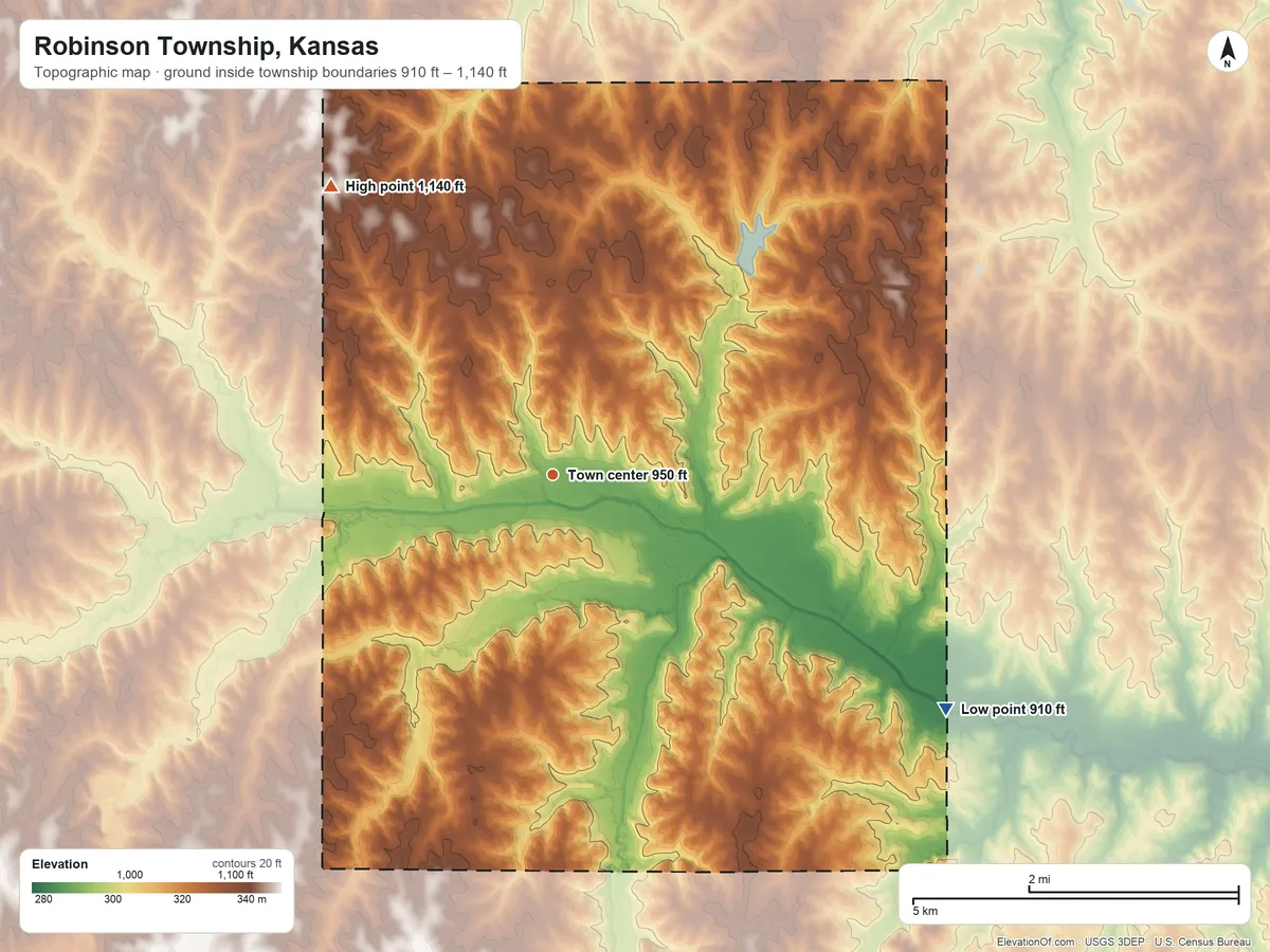Topographic elevation map of Robinson Township, Kansas, shaded from 910 ft on the southeast side to 1,140 ft on the northwest side