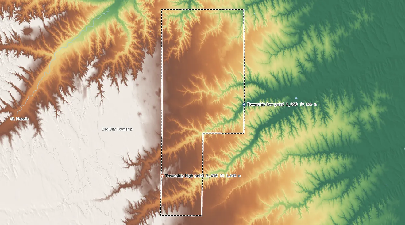 Topographic elevation map of Rocewood Township, Kansas, shaded from 2,950 ft on the east side to 3,430 ft on the south side