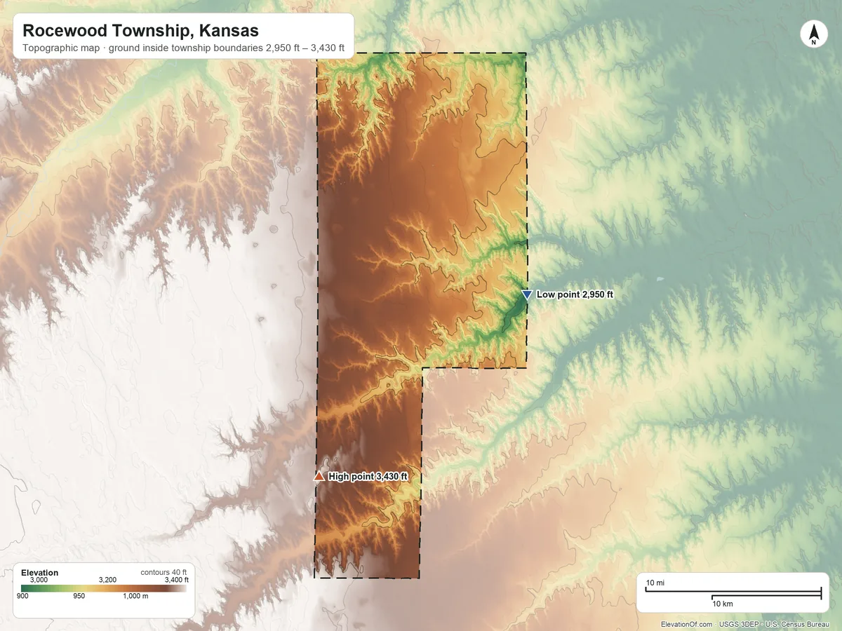 Topographic elevation map of Rocewood Township, Kansas, shaded from 2,950 ft on the east side to 3,430 ft on the south side