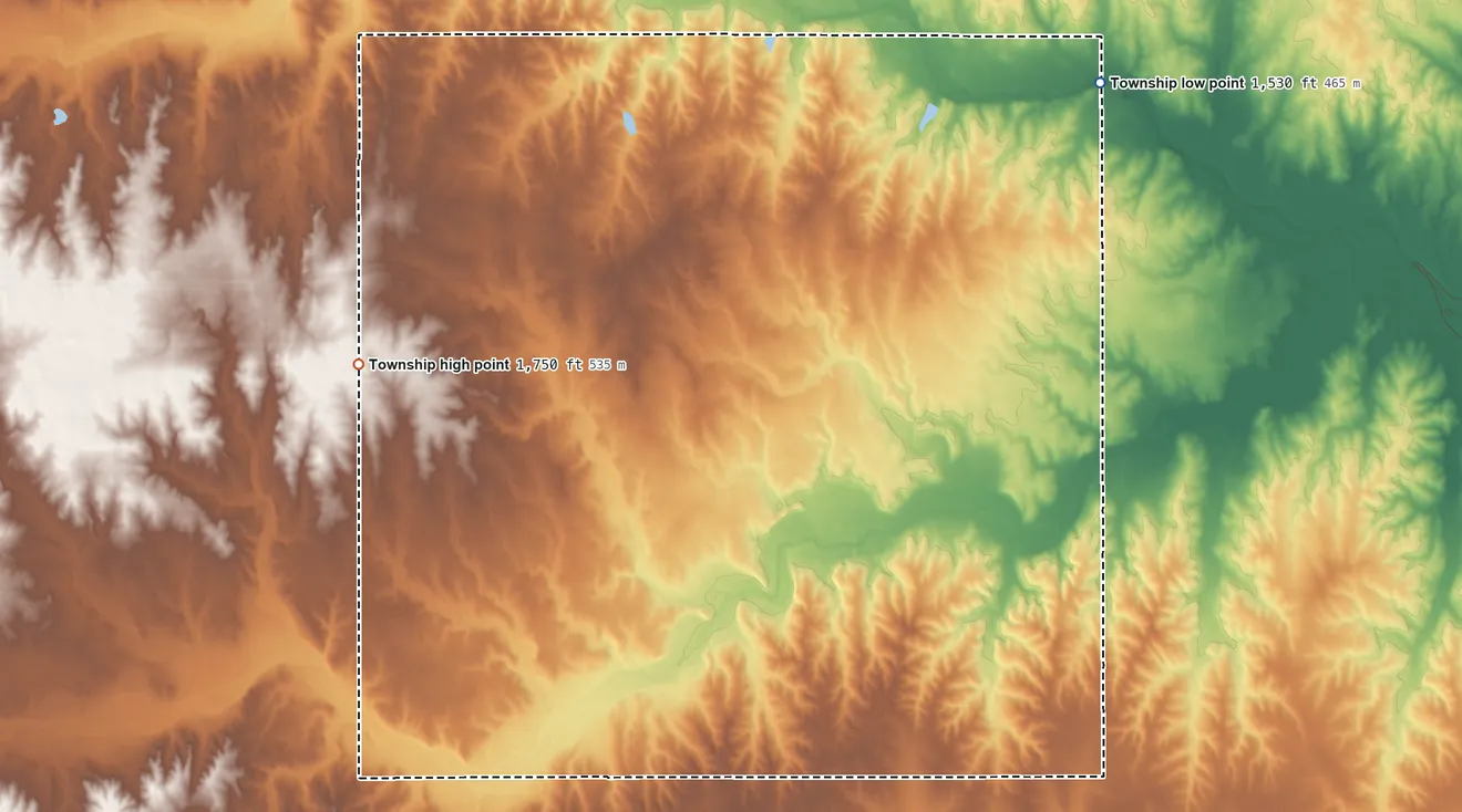 Topographic elevation map of Rochester Township, Kansas, shaded from 1,530 ft on the northeast side to 1,750 ft on the west side
