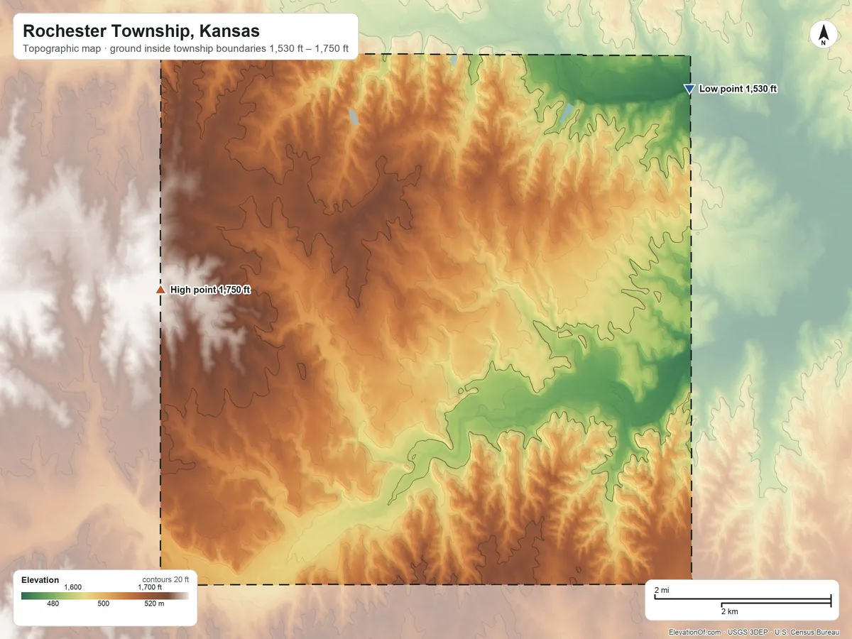 Topographic elevation map of Rochester Township, Kansas, shaded from 1,530 ft on the northeast side to 1,750 ft on the west side