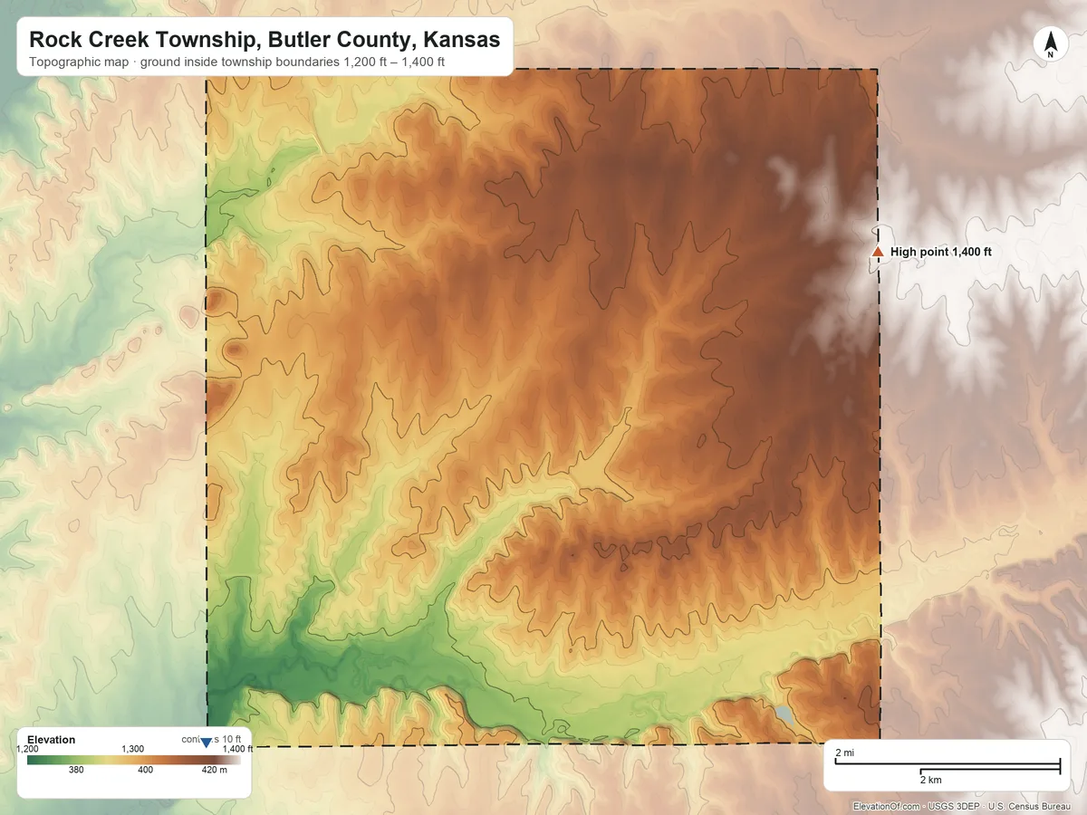Topographic elevation map of Rock Creek Township, Butler County, Kansas, shaded from 1,200 ft on the southwest side to 1,400 ft on the east side