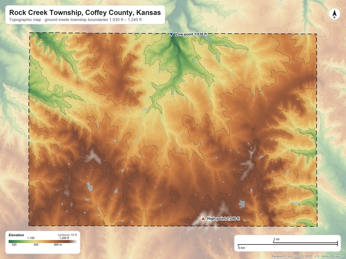Topographic elevation map of Rock Creek Township, Coffey County, Kansas, shaded from 1,030 ft on the north side to 1,240 ft on the southeast side