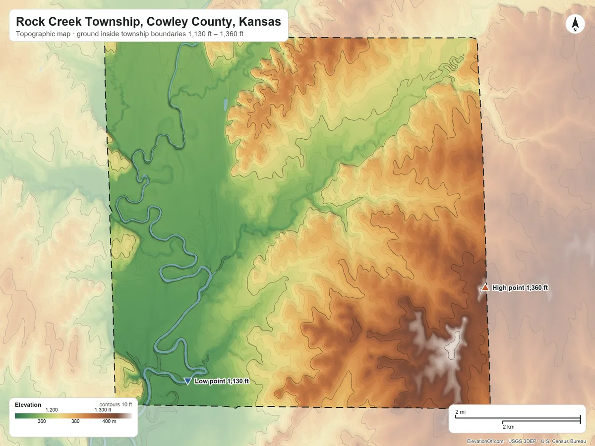 Topographic elevation map of Rock Creek Township, Cowley County, Kansas, shaded from 1,130 ft on the south side to 1,360 ft on the east side