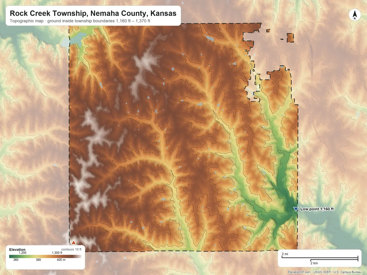 Topographic elevation map of Rock Creek Township, Nemaha County, Kansas, shaded from 1,160 ft on the southeast side to 1,370 ft on the southwest side