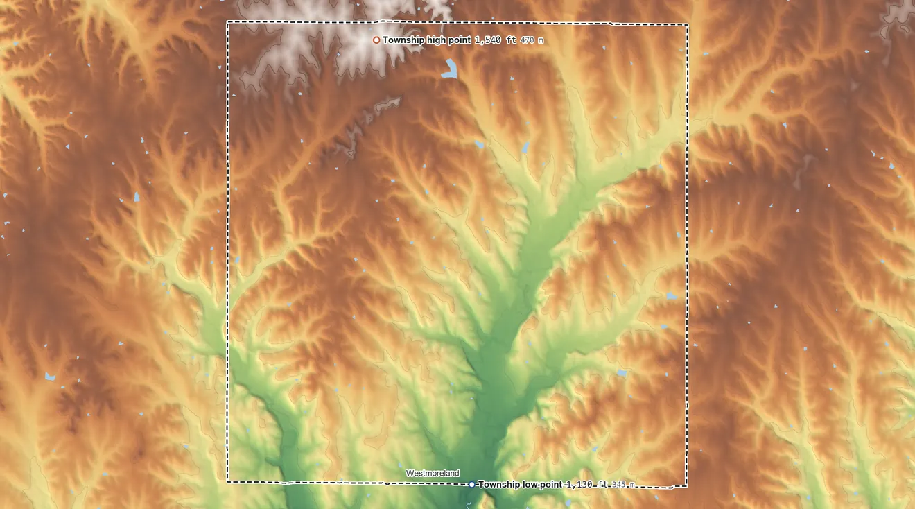 Topographic elevation map of Rock Creek Township, Pottawatomie County, Kansas, shaded from 1,130 ft near the middle to 1,540 ft on the north side