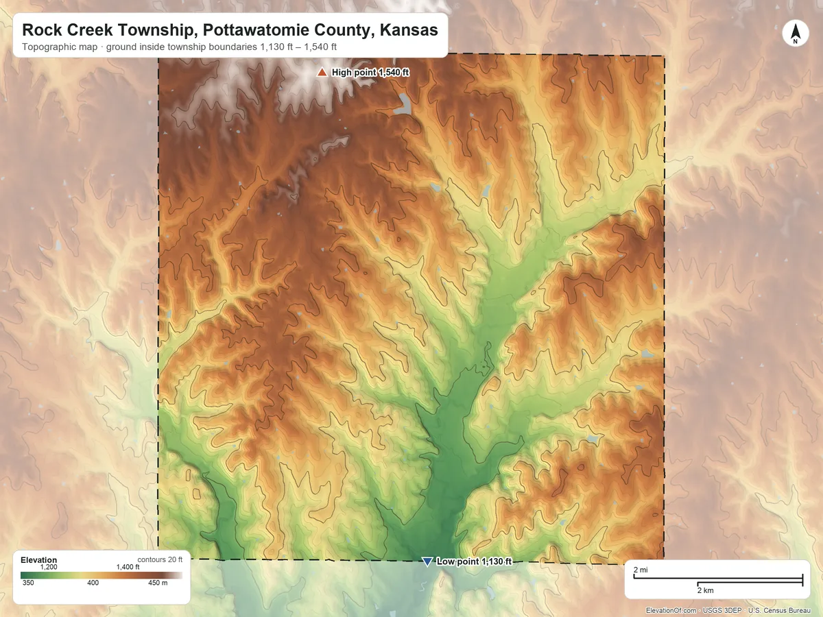 Topographic elevation map of Rock Creek Township, Pottawatomie County, Kansas, shaded from 1,130 ft near the middle to 1,540 ft on the north side