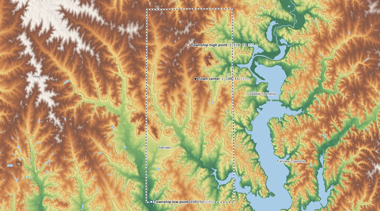 Topographic elevation map of Rock Creek Township, Kansas, shaded from 890 ft on the south side to 1,170 ft on the north side