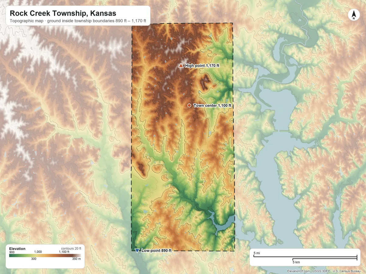 Topographic elevation map of Rock Creek Township, Kansas, shaded from 890 ft on the south side to 1,170 ft on the north side