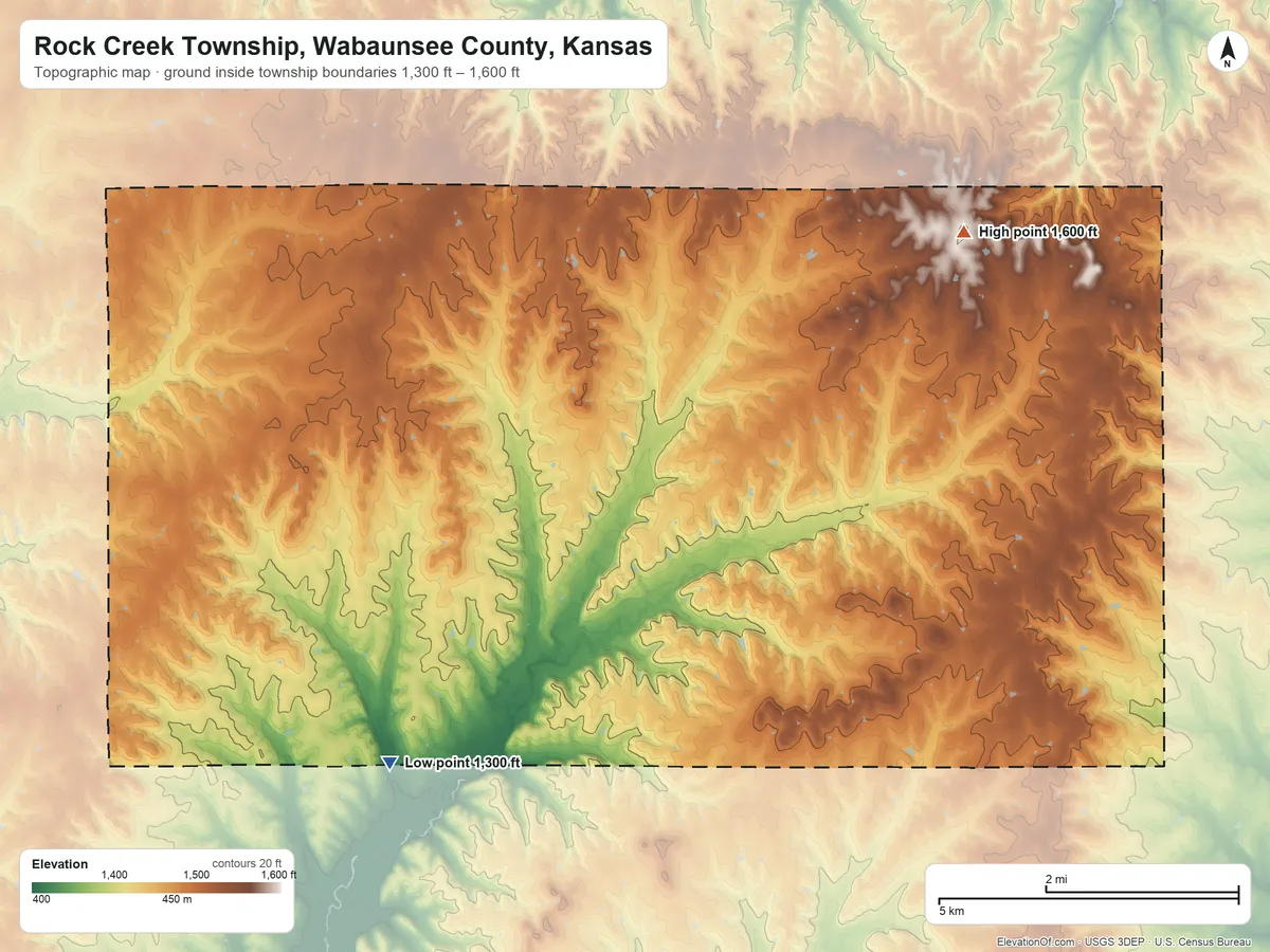 Topographic elevation map of Rock Creek Township, Wabaunsee County, Kansas, shaded from 1,300 ft on the south side to 1,600 ft on the east side