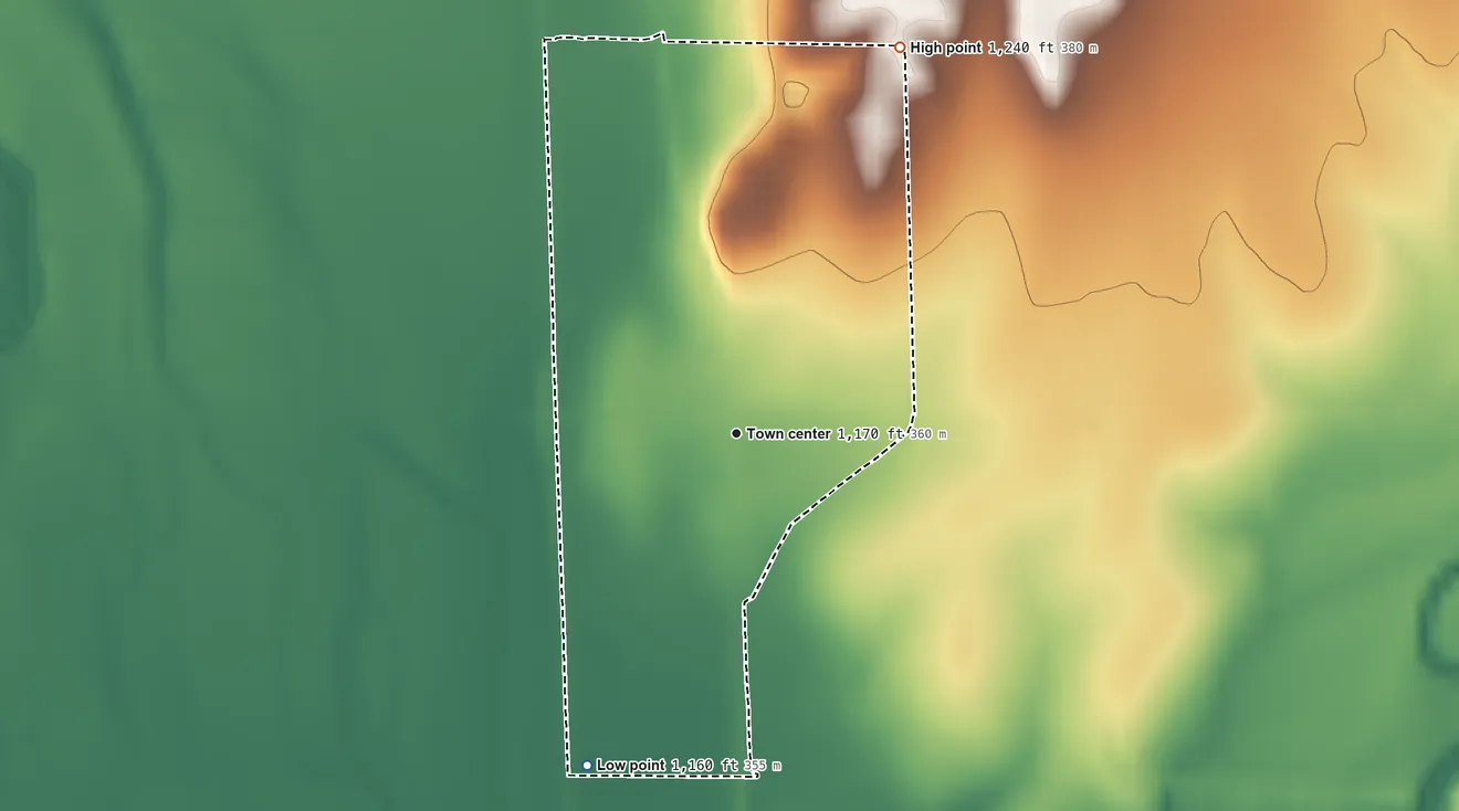 Topographic elevation map of Rock, Kansas, shaded from 1,160 ft on the southwest side to 1,240 ft on the northeast side