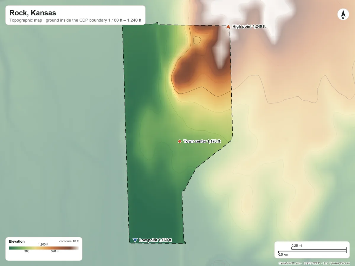 Topographic elevation map of Rock, Kansas, shaded from 1,160 ft on the southwest side to 1,240 ft on the northeast side