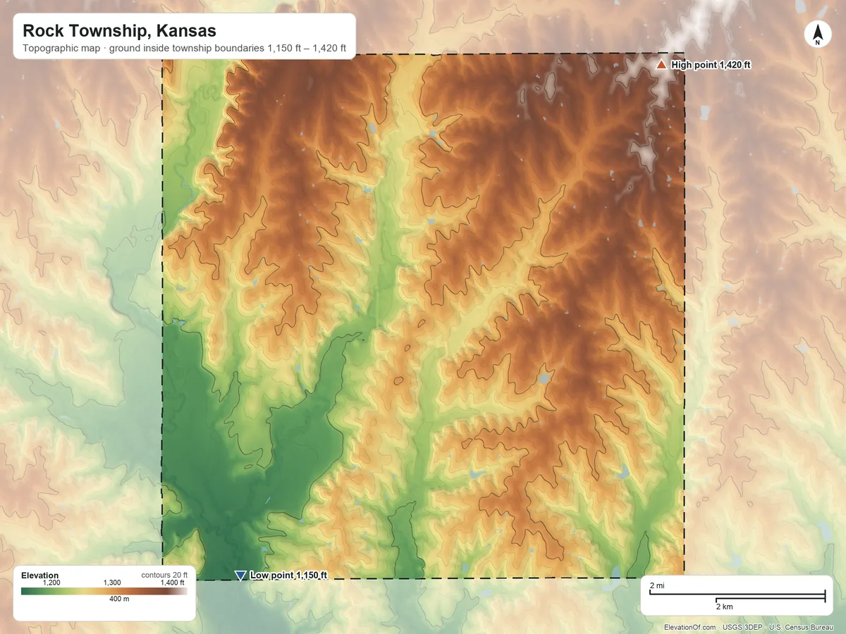 Topographic elevation map of Rock Township, Kansas, shaded from 1,150 ft on the southwest side to 1,420 ft on the northeast side