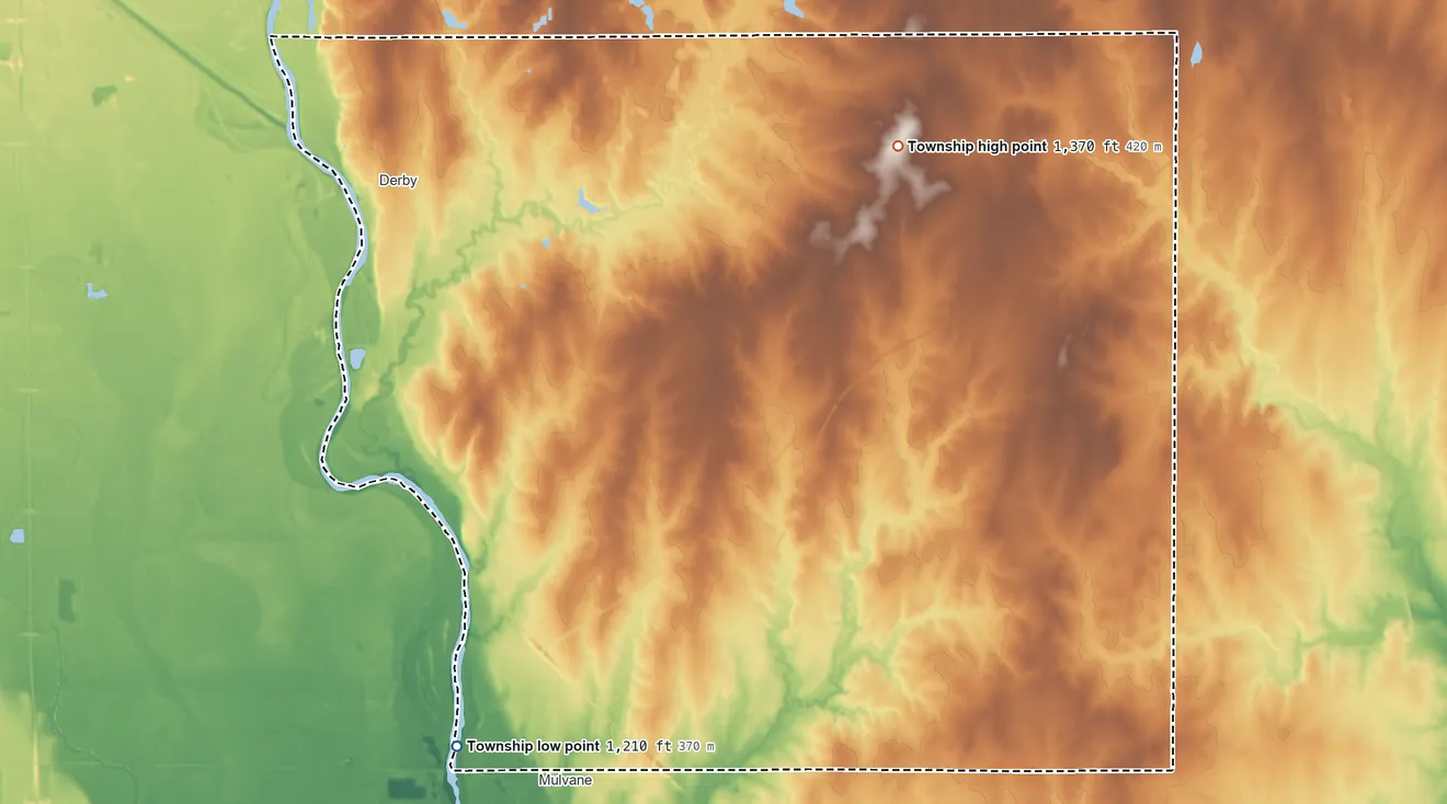 Topographic elevation map of Rockford Township, Kansas, shaded from 1,210 ft on the south side to 1,370 ft on the northeast side