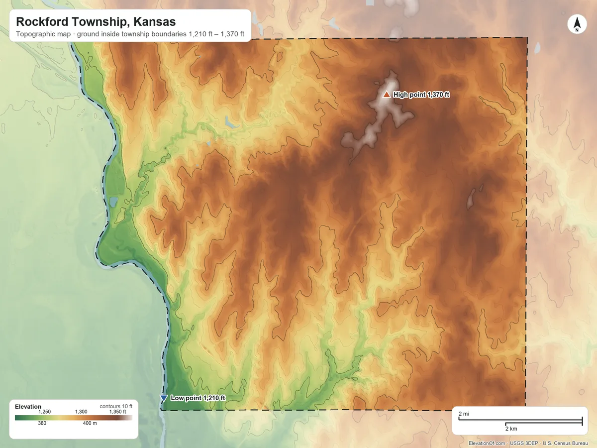 Topographic elevation map of Rockford Township, Kansas, shaded from 1,210 ft on the south side to 1,370 ft on the northeast side