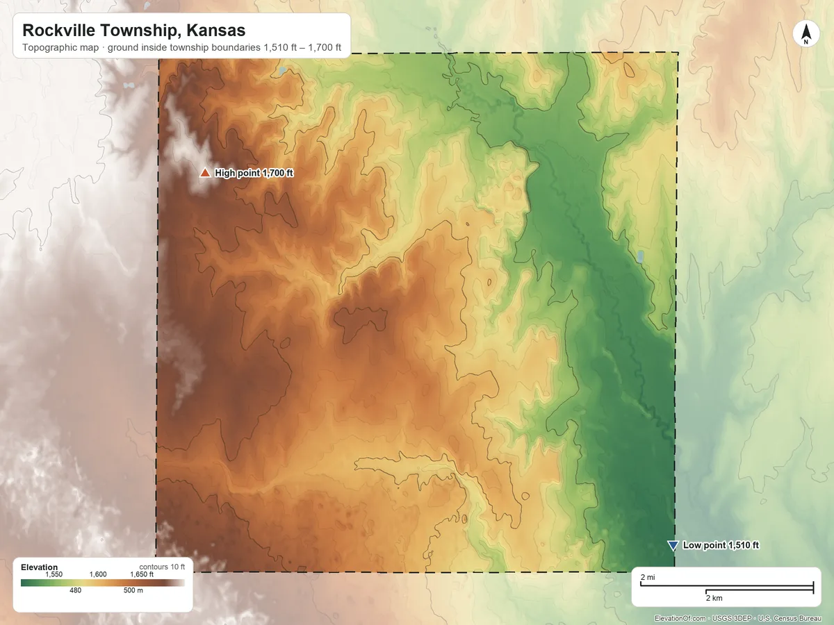 Topographic elevation map of Rockville Township, Kansas, shaded from 1,510 ft on the southeast side to 1,700 ft on the west side