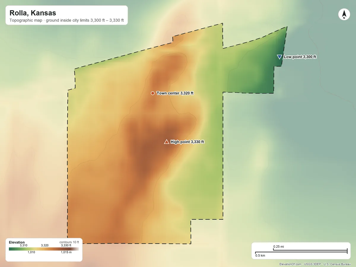 Topographic elevation map of Rolla, Kansas, shaded from 3,300 ft on the east side to 3,330 ft on the south side