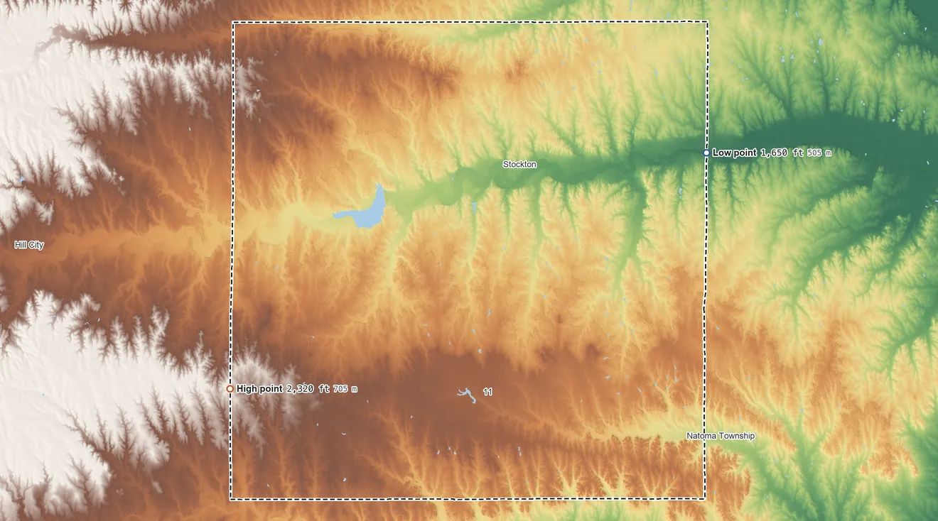 Topographic elevation map of Rooks County, Kansas, shaded from 1,650 ft on the northeast side to 2,320 ft on the southwest side