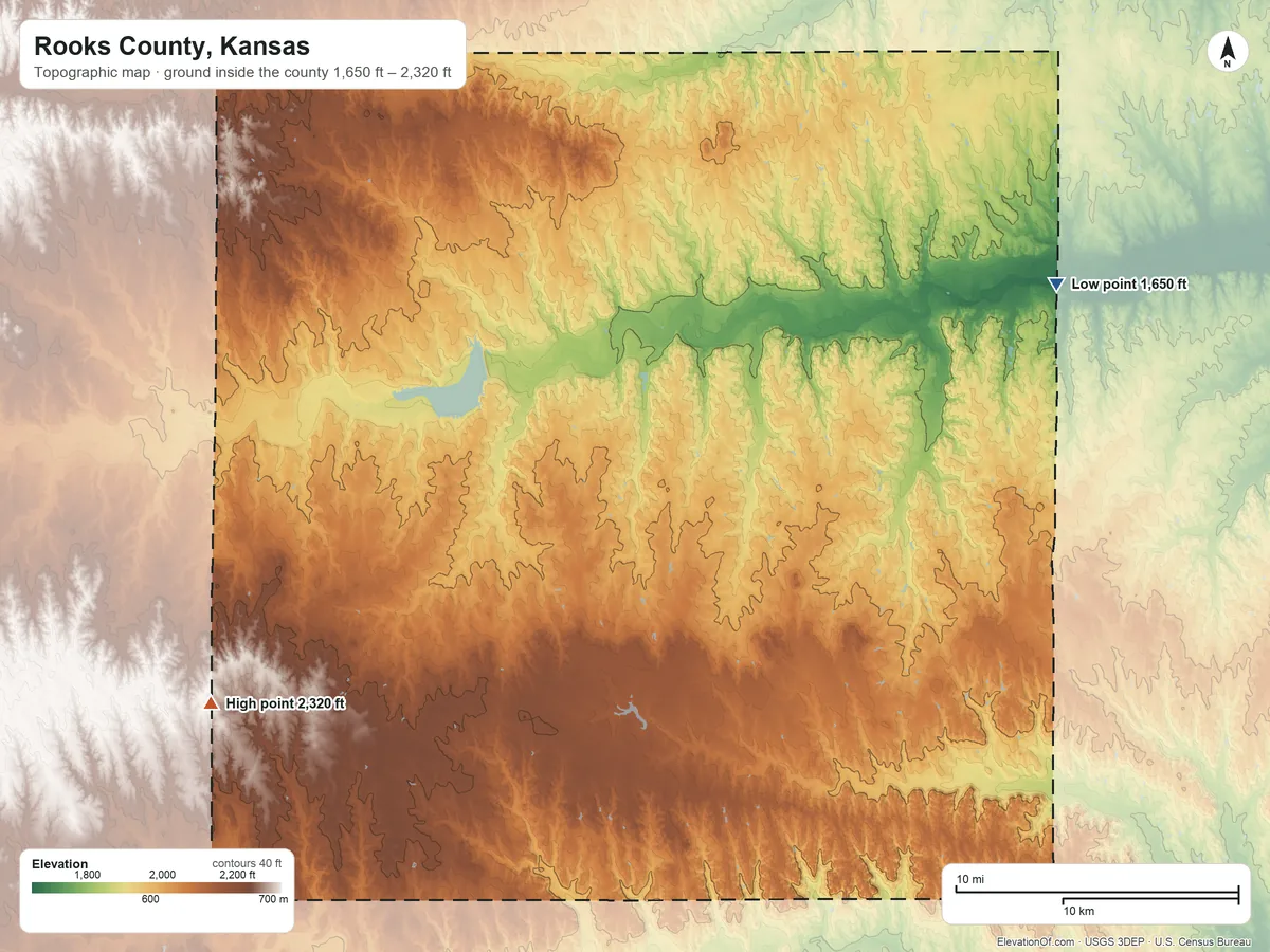 Topographic elevation map of Rooks County, Kansas, shaded from 1,650 ft on the northeast side to 2,320 ft on the southwest side