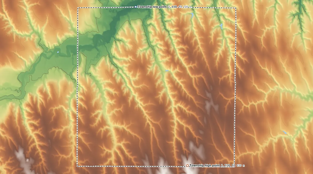 Topographic elevation map of Roosevelt Township, Kansas, shaded from 2,440 ft on the northwest side to 2,730 ft on the southwest side