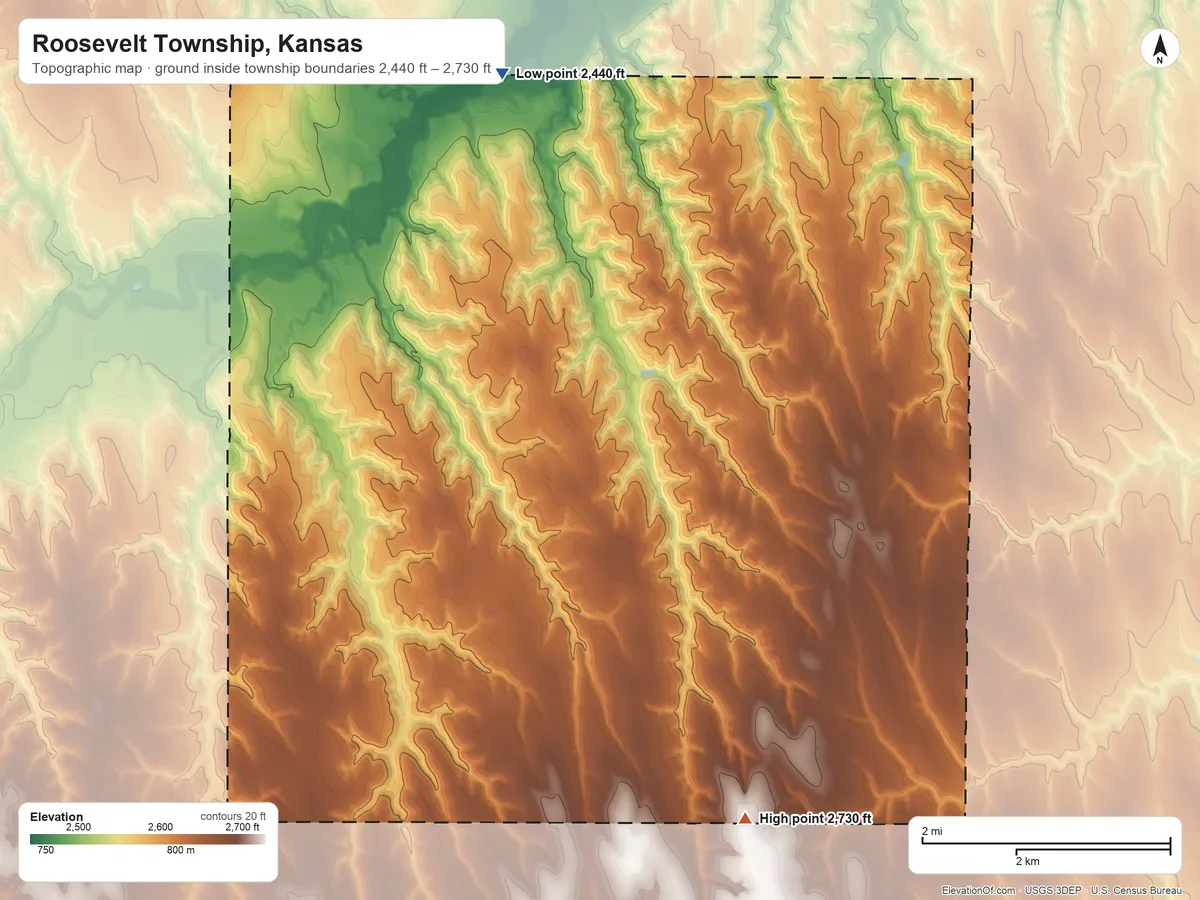 Topographic elevation map of Roosevelt Township, Kansas, shaded from 2,440 ft on the northwest side to 2,730 ft on the southwest side