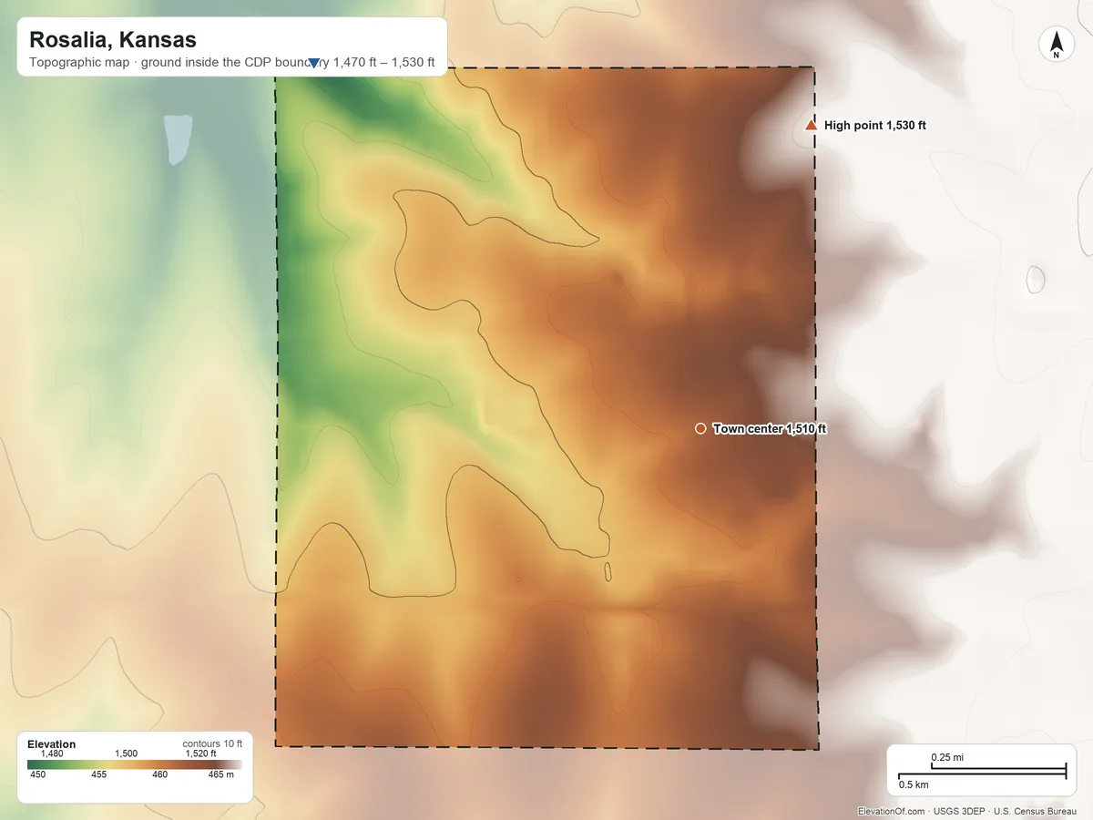 Topographic elevation map of Rosalia, Kansas, shaded from 1,470 ft on the northwest side to 1,530 ft on the north side