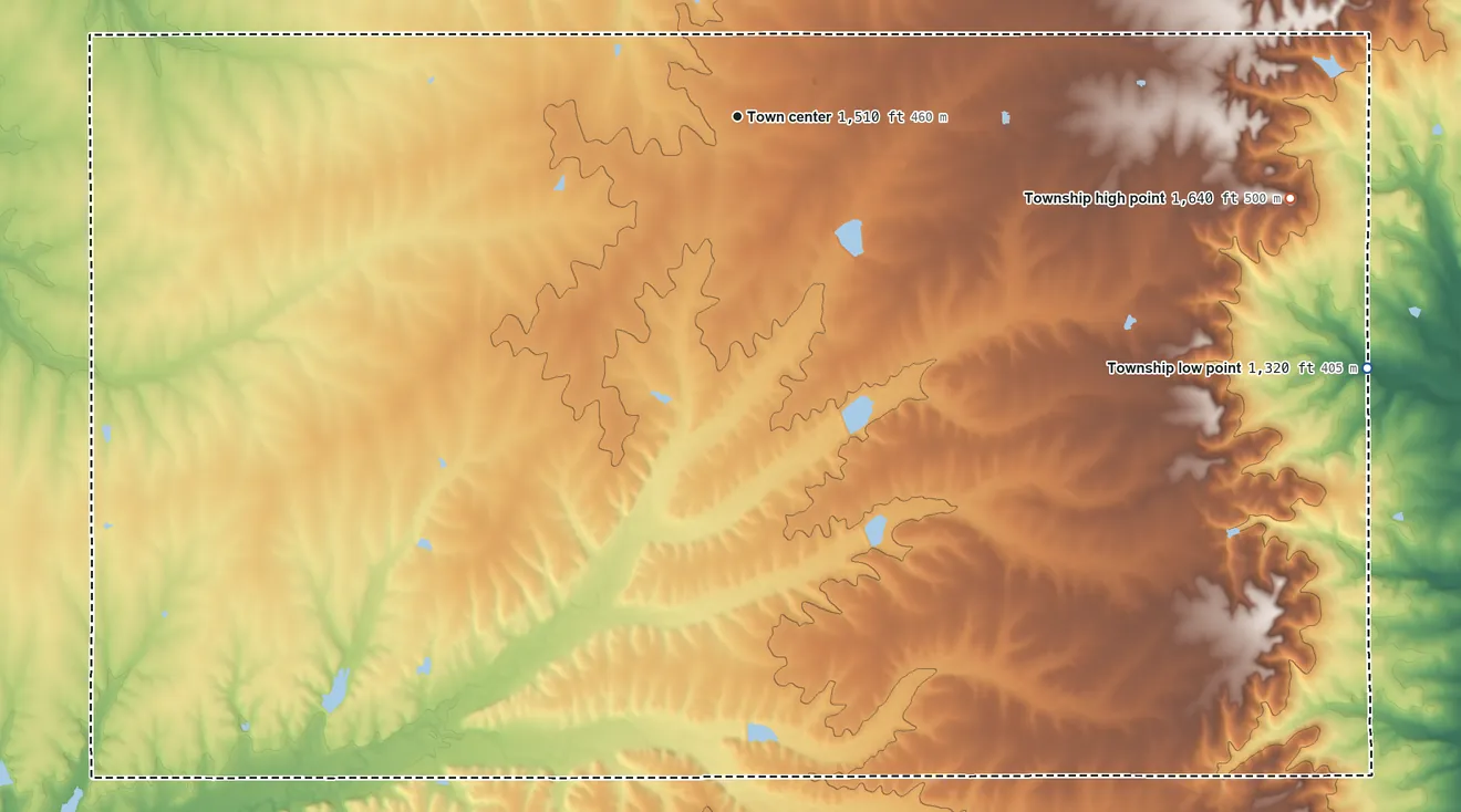 Topographic elevation map of Rosalia Township, Kansas, shaded from 1,320 ft on the east side to 1,640 ft on the east side