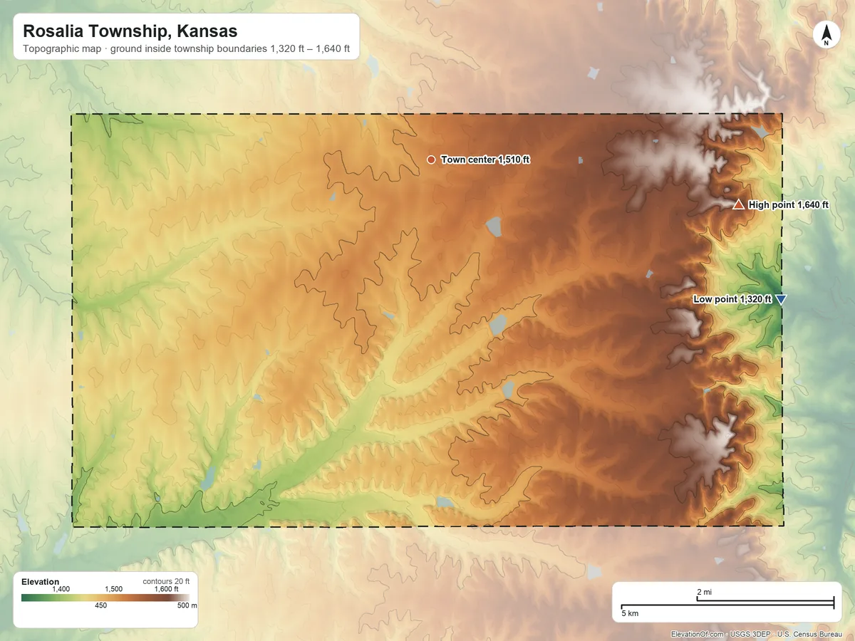 Topographic elevation map of Rosalia Township, Kansas, shaded from 1,320 ft on the east side to 1,640 ft on the east side