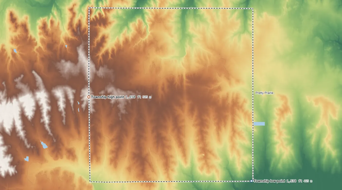 Topographic elevation map of Roscoe Township, Kansas, shaded from 1,530 ft on the southeast side to 1,650 ft on the west side