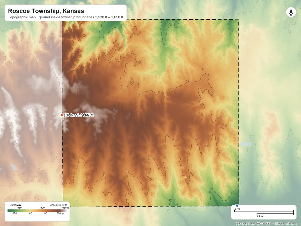 Topographic elevation map of Roscoe Township, Kansas, shaded from 1,530 ft on the southeast side to 1,650 ft on the west side