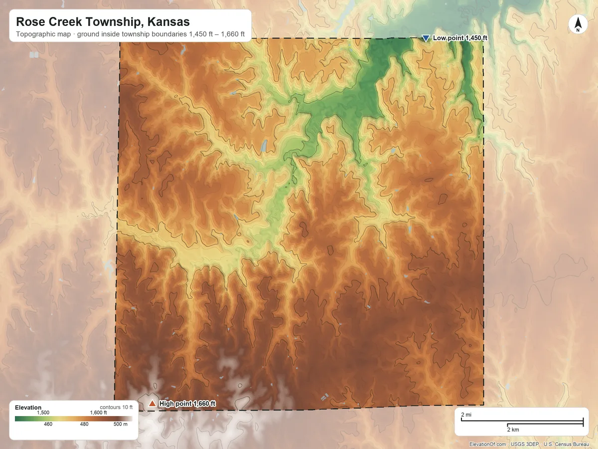 Topographic elevation map of Rose Creek Township, Kansas, shaded from 1,450 ft on the northeast side to 1,660 ft on the southwest side