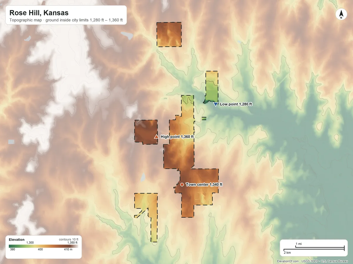 Topographic elevation map of Rose Hill, Kansas, shaded from 1,280 ft on the northeast side to 1,360 ft on the northwest side