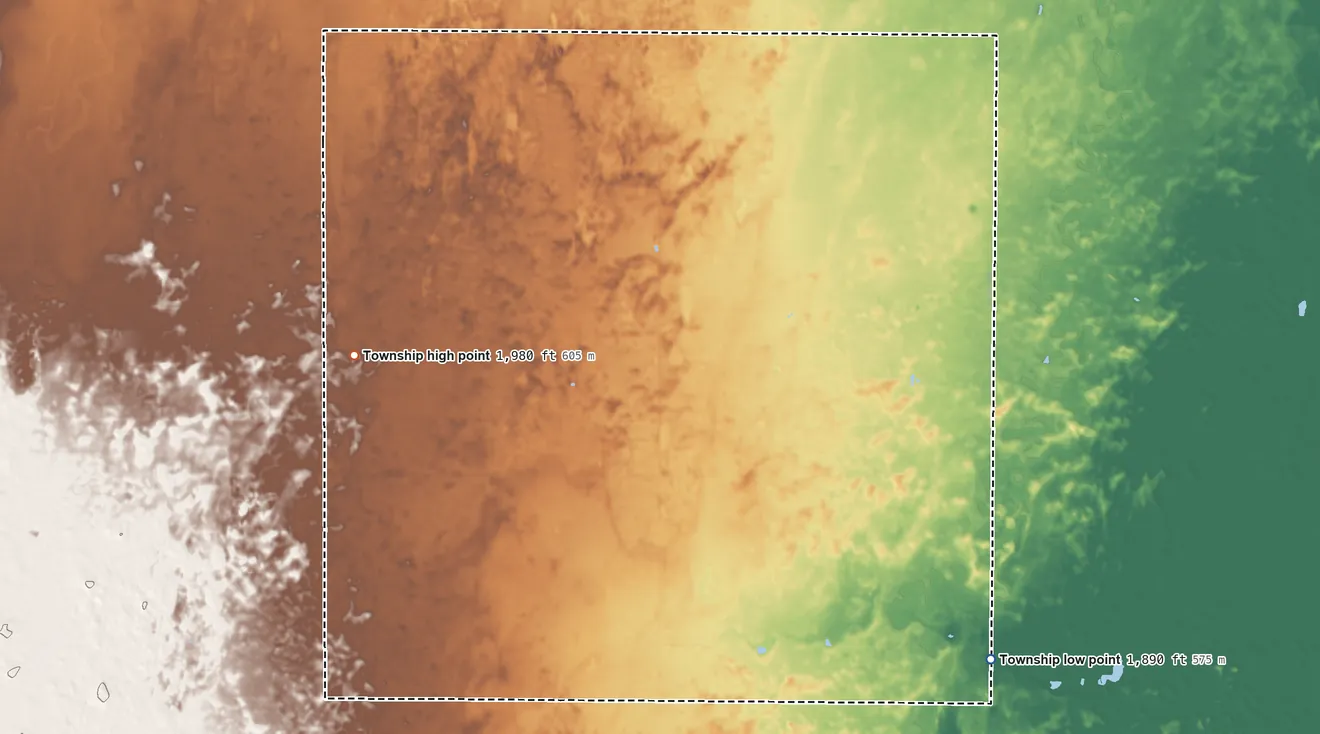 Topographic elevation map of Rose Valley Township, Kansas, shaded from 1,890 ft on the southeast side to 1,980 ft on the west side