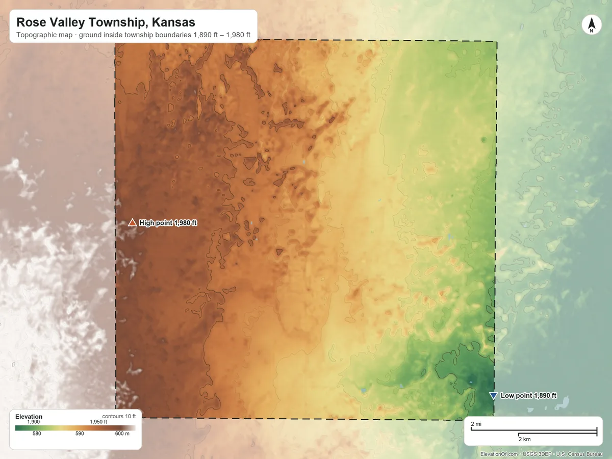 Topographic elevation map of Rose Valley Township, Kansas, shaded from 1,890 ft on the southeast side to 1,980 ft on the west side