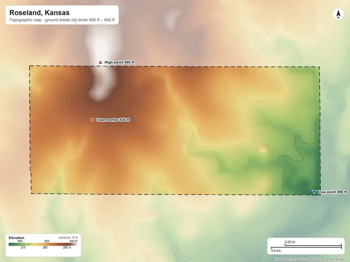 Topographic elevation map of Roseland, Kansas, shaded from 890 ft on the east side to 940 ft on the north side