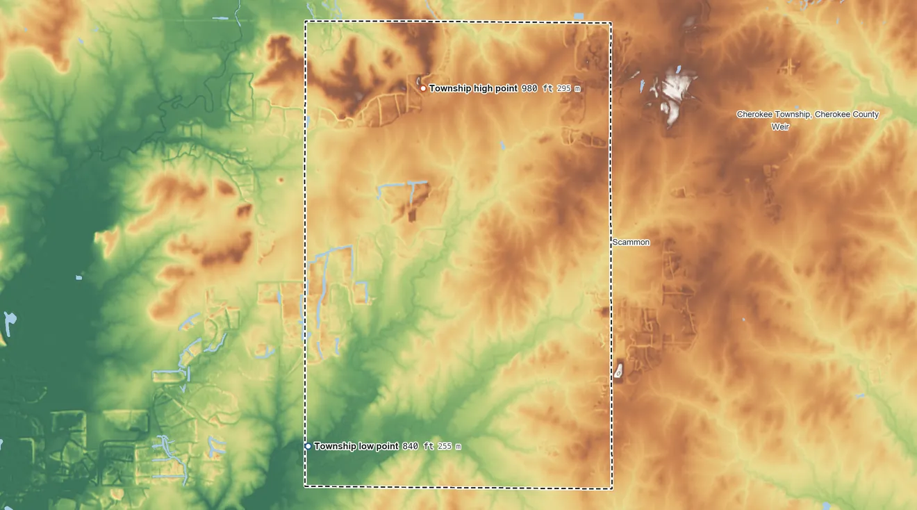 Topographic elevation map of Ross Township, Cherokee County, Kansas, shaded from 840 ft on the southwest side to 980 ft on the north side