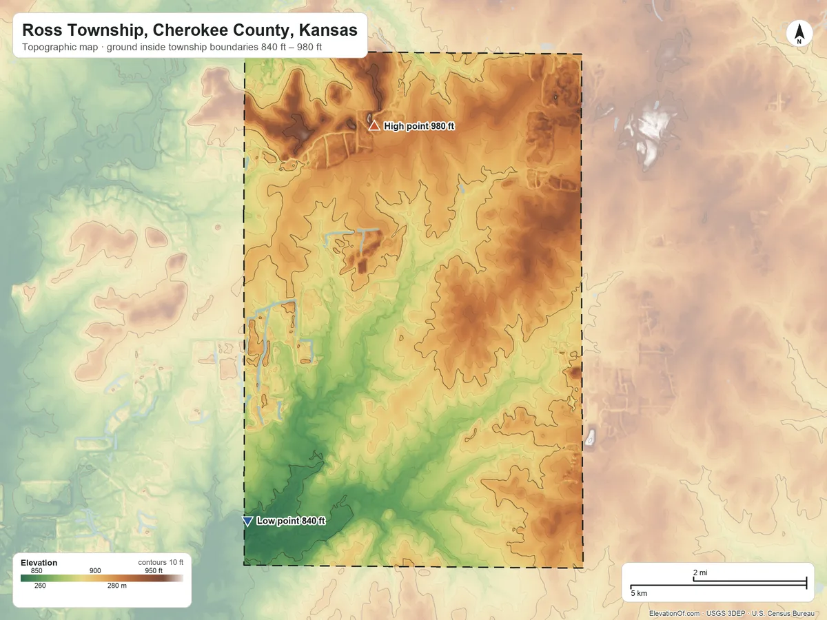 Topographic elevation map of Ross Township, Cherokee County, Kansas, shaded from 840 ft on the southwest side to 980 ft on the north side