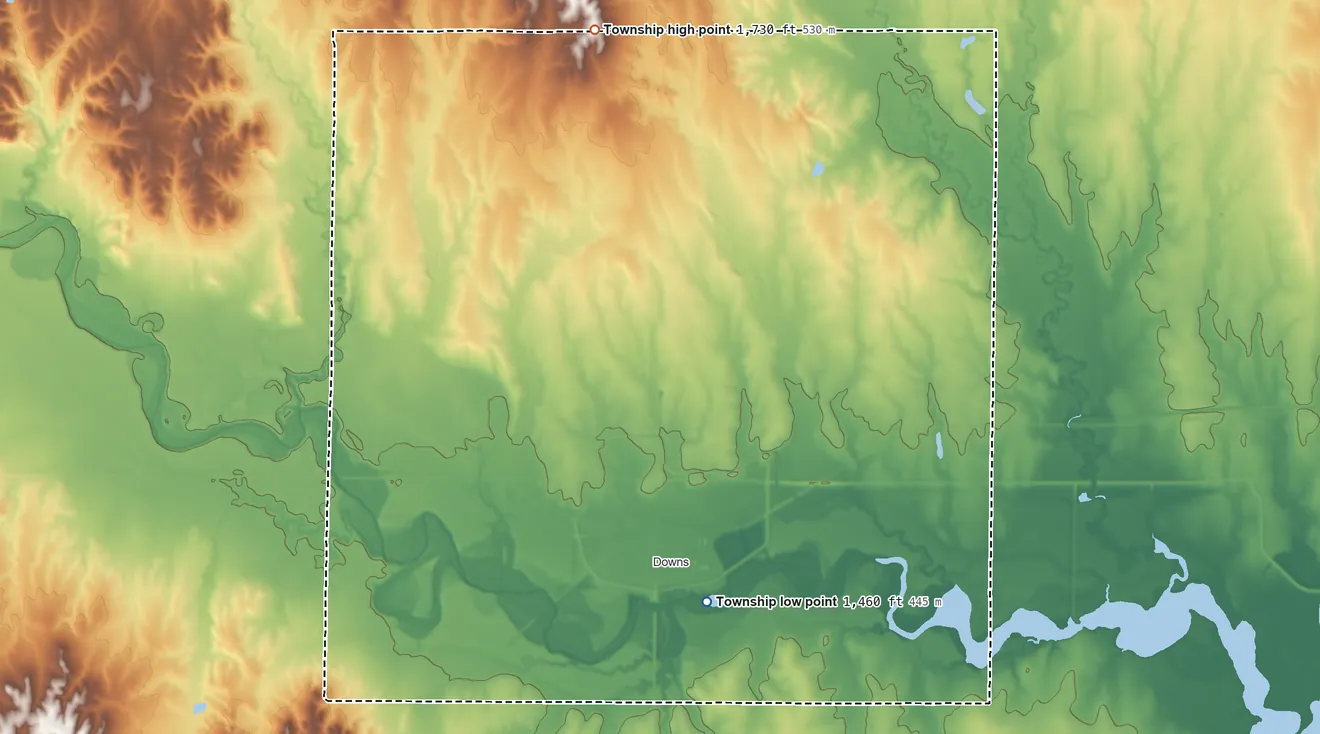 Topographic elevation map of Ross Township, Kansas, shaded from 1,460 ft on the southeast side to 1,730 ft on the north side