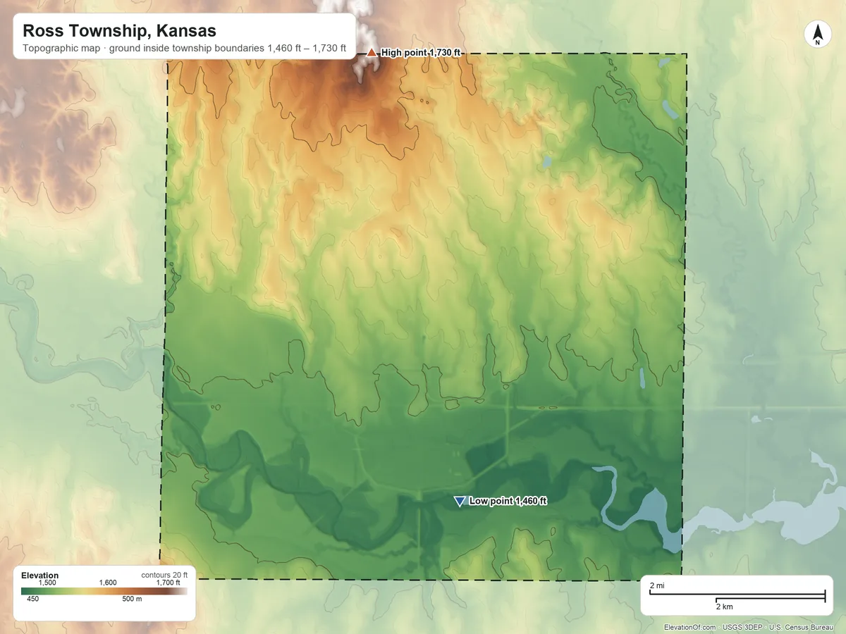 Topographic elevation map of Ross Township, Kansas, shaded from 1,460 ft on the southeast side to 1,730 ft on the north side