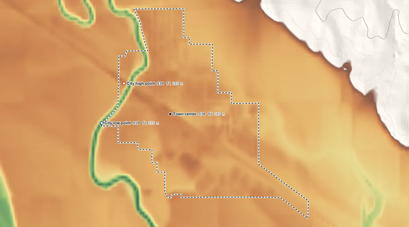 Topographic elevation map of Rossville, Kansas, shaded from 910 ft on the west side to 930 ft on the northwest side