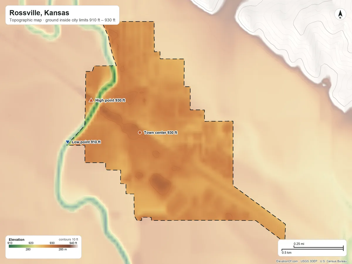 Topographic elevation map of Rossville, Kansas, shaded from 910 ft on the west side to 930 ft on the northwest side