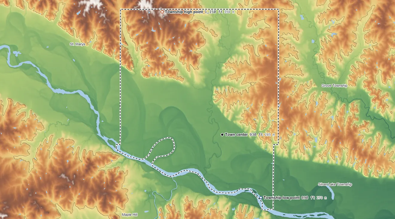 Topographic elevation map of Rossville Township, Kansas, shaded from 890 ft on the southeast side to 1,150 ft on the northwest side