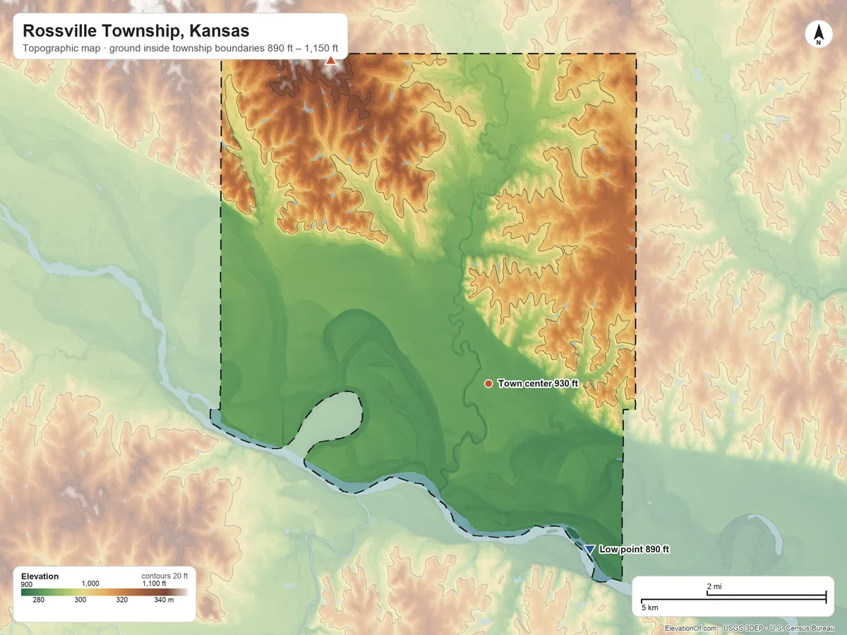 Topographic elevation map of Rossville Township, Kansas, shaded from 890 ft on the southeast side to 1,150 ft on the northwest side