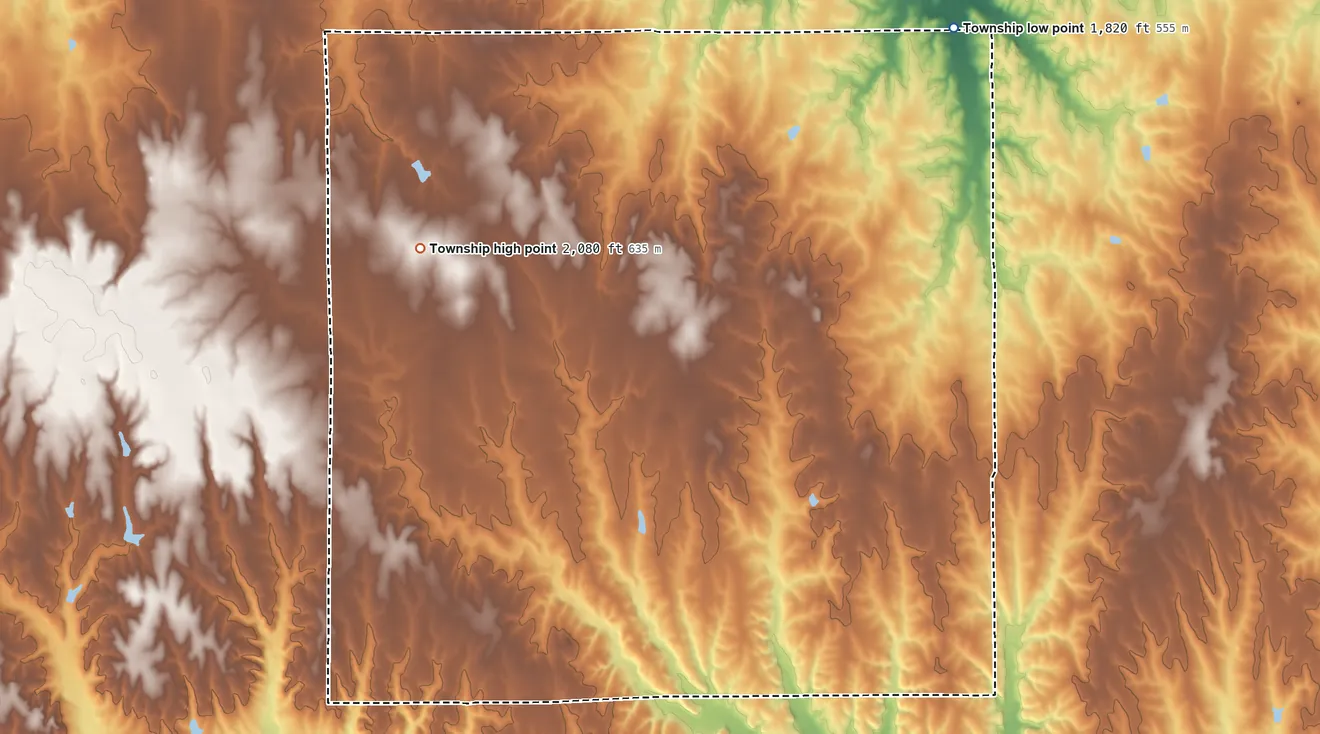 Topographic elevation map of Round Mound Township, Kansas, shaded from 1,820 ft on the northeast side to 2,080 ft on the west side