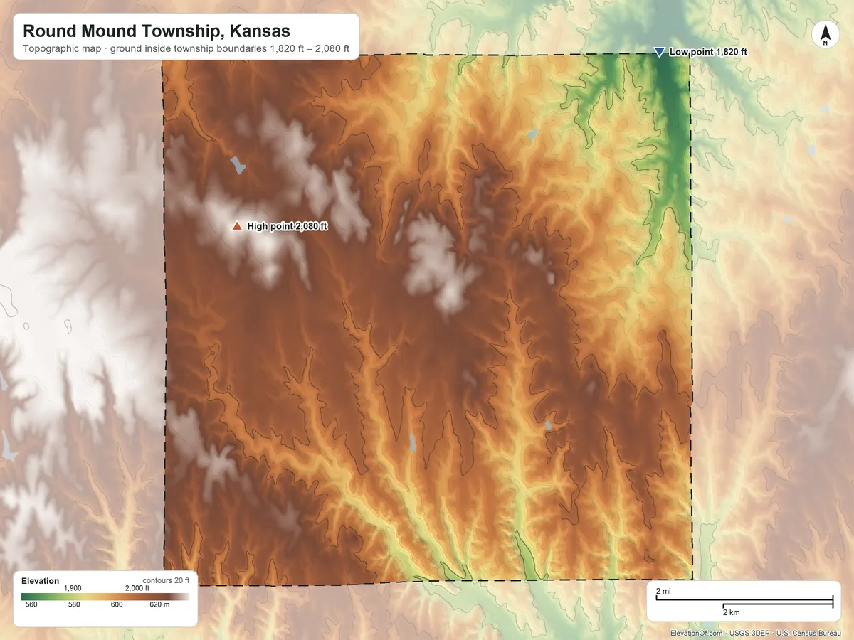 Topographic elevation map of Round Mound Township, Kansas, shaded from 1,820 ft on the northeast side to 2,080 ft on the west side