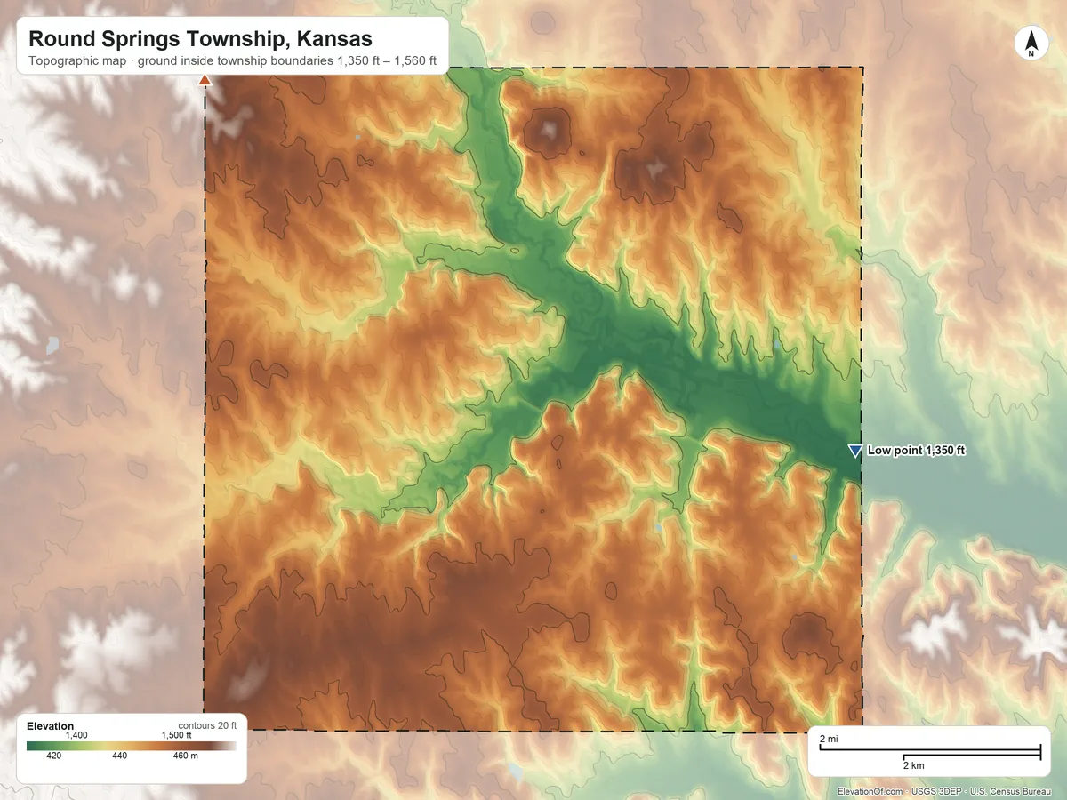 Topographic elevation map of Round Springs Township, Kansas, shaded from 1,350 ft on the east side to 1,560 ft on the northwest side