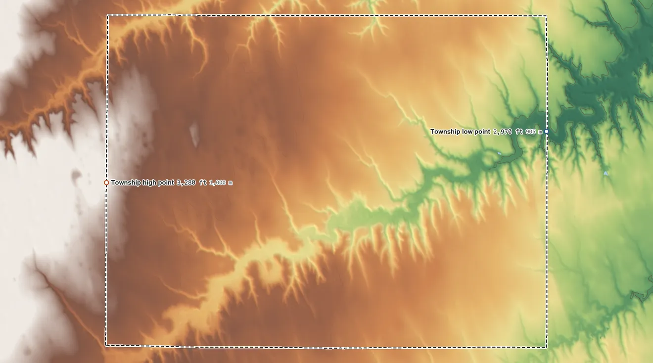 Topographic elevation map of Rovohl Township, Kansas, shaded from 2,970 ft on the east side to 3,280 ft on the west side